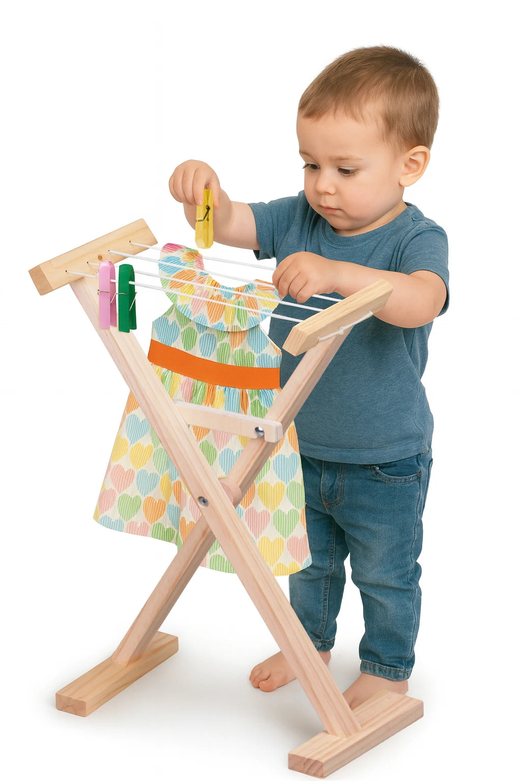 Niño tendiendo ropa con las pinzas en el tendedero de madera