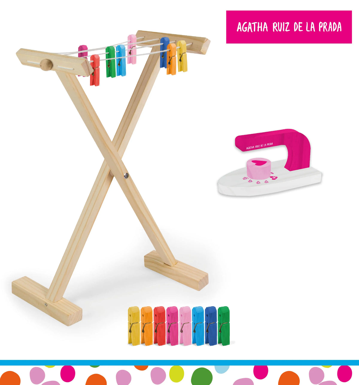 Tendedero de madera con pinzas de colores y plancha de juguete