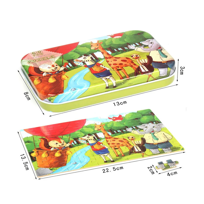 Caja metálica de 13 × 8 cm y puzle montado
