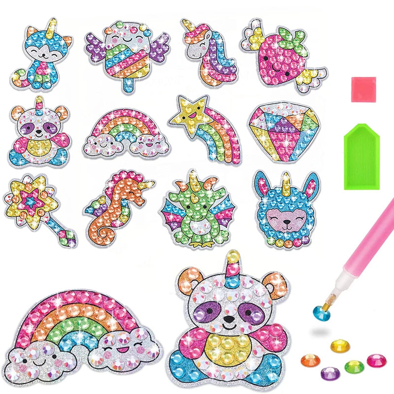 Pegatinas decoradas con gemas de colores: unicornios, animales y postres