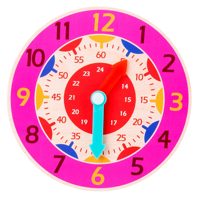 Reloj de madera rosa para aprender la hora
