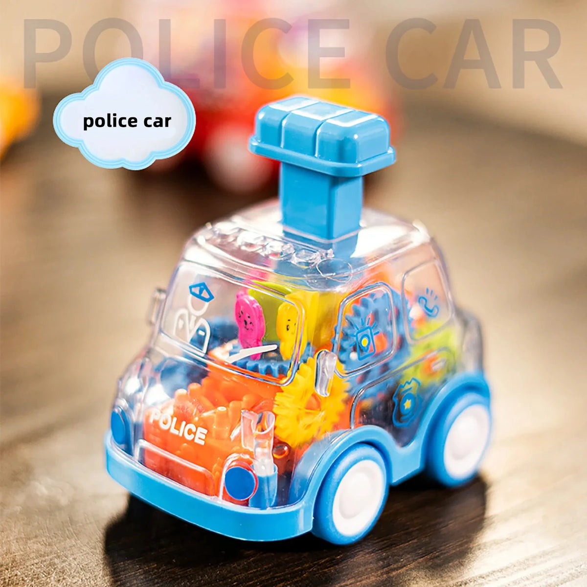 Coche de Engranajes Transparente · Coche de policía azul