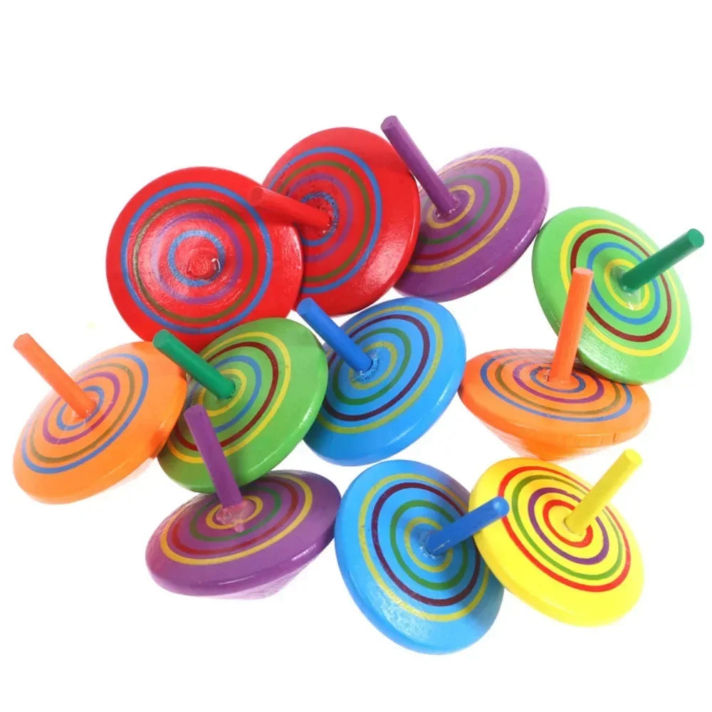 Peonzas de madera pintadas con espirales de colores