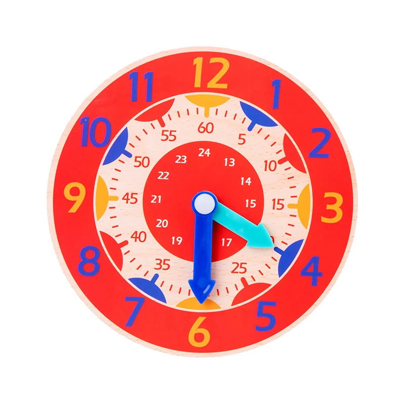 Reloj de madera rojo con agujas azules