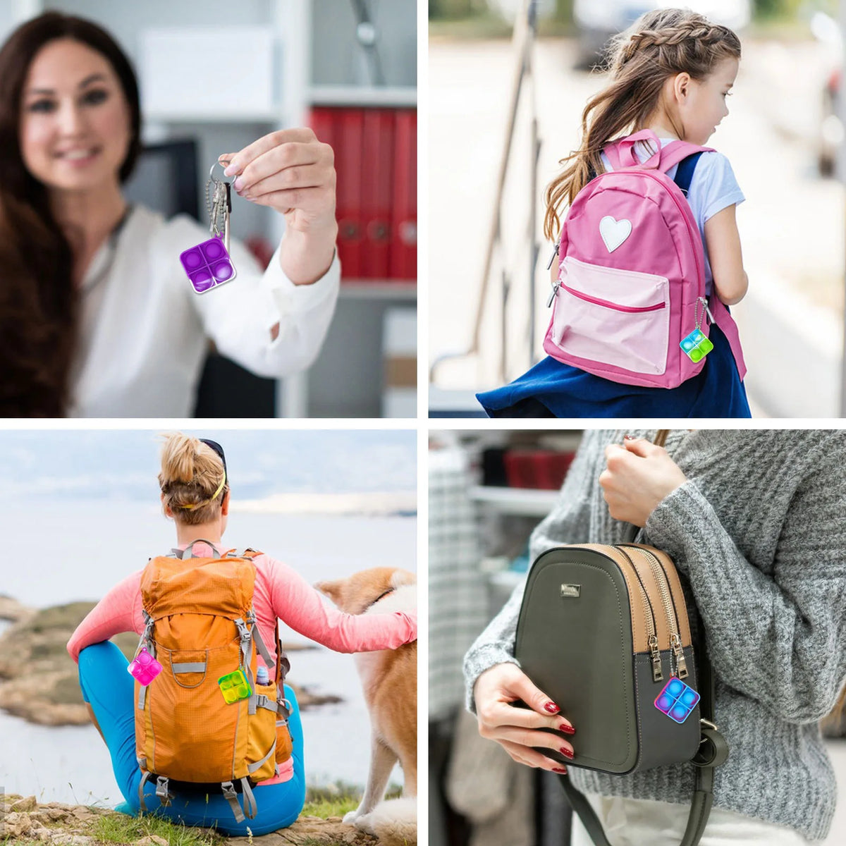 Llaveros de burbujas colgados de mochilas y bolsos
