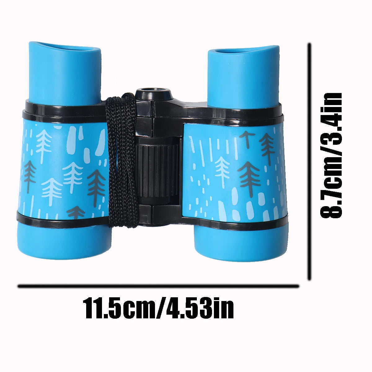 Prismáticos azules con sus medidas de 11,5 × 8,7 cm