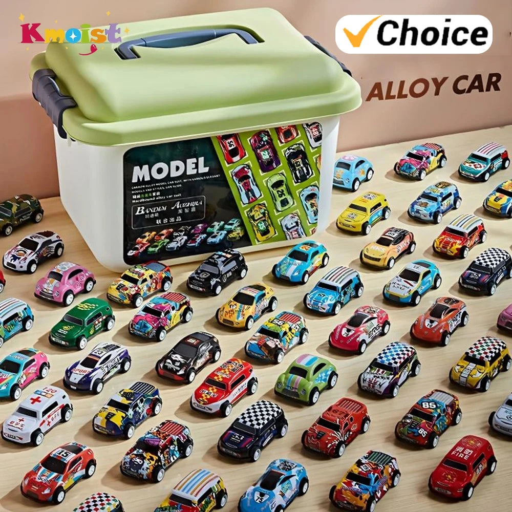 Caja con asa y cochecitos de metal de colores