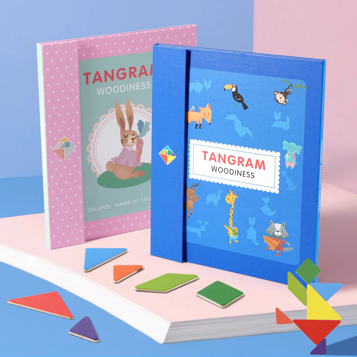 Tangram magnético azul y rosa con sus piezas