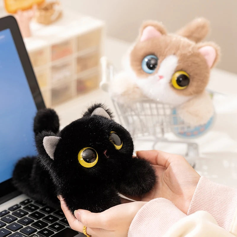 Gatitos de peluche negro y ragdoll junto a un portátil