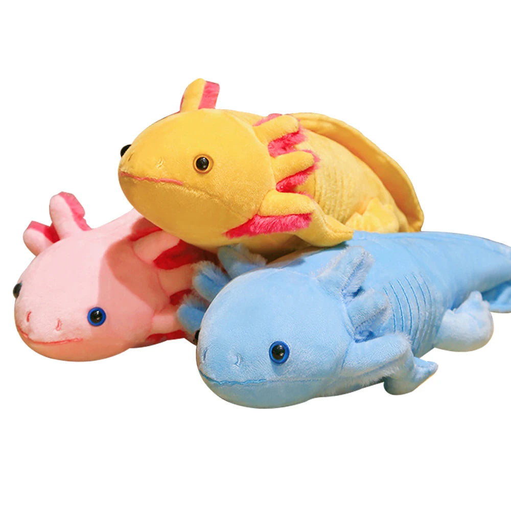Ajolotes de peluche rosa, amarillo y azul