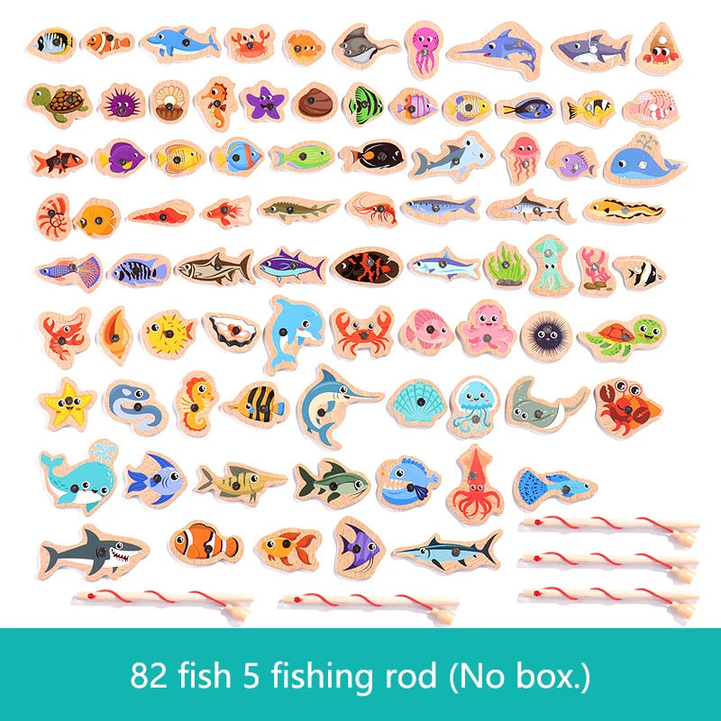 Juego de Pesca Magnética de Madera · 82 peces y 5 cañas