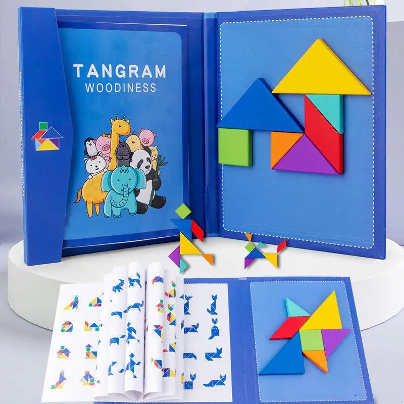 Tangram magnético en libro con piezas de colores y cuaderno de retos