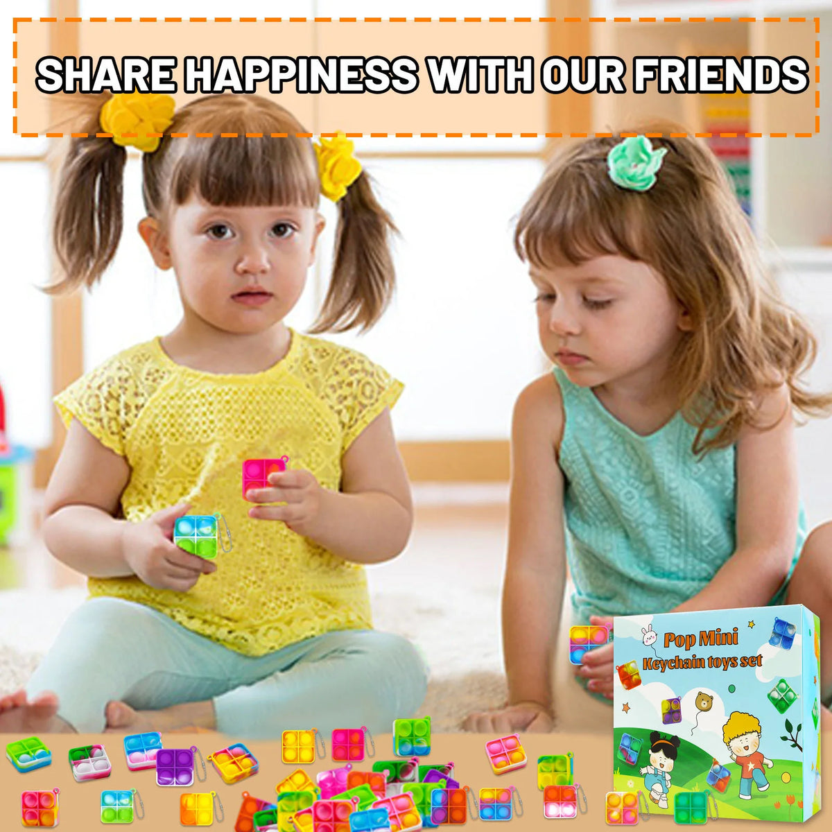 Dos niñas jugando con llaveros de burbujas de colores