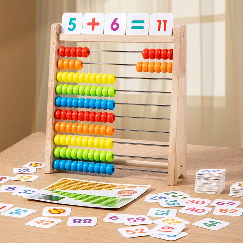 Ábaco de madera con cuentas de colores y tarjetas de sumas