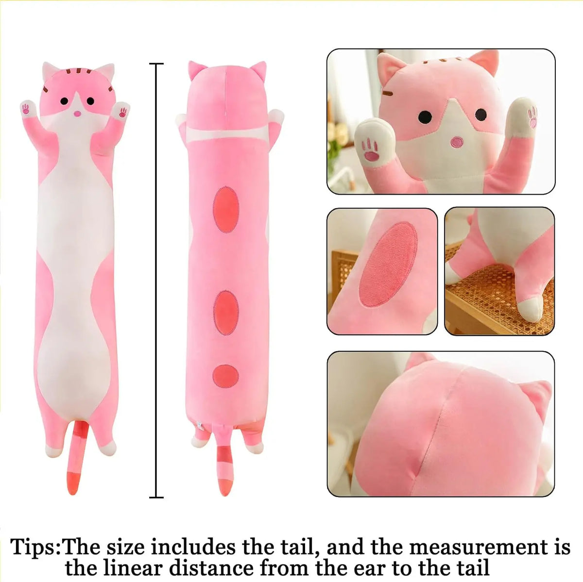 Gato de peluche de 90 cm en color rosa, de frente y de espaldas, con detalles de la cara