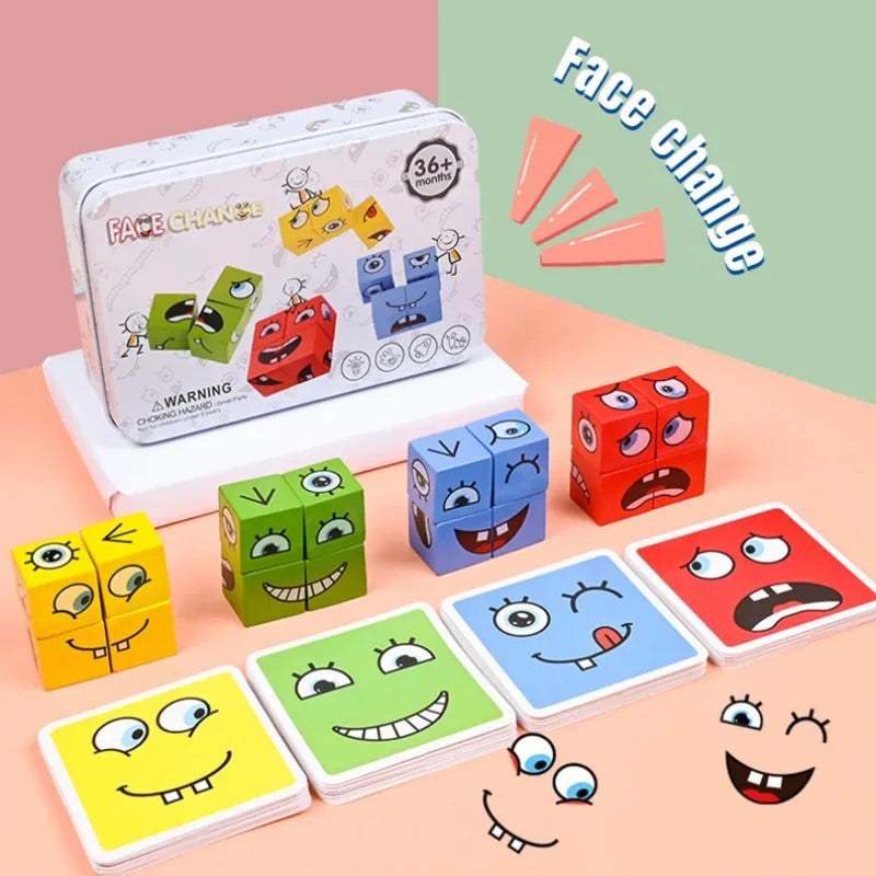 Juego de las caras con cubos de madera y caja metálica
