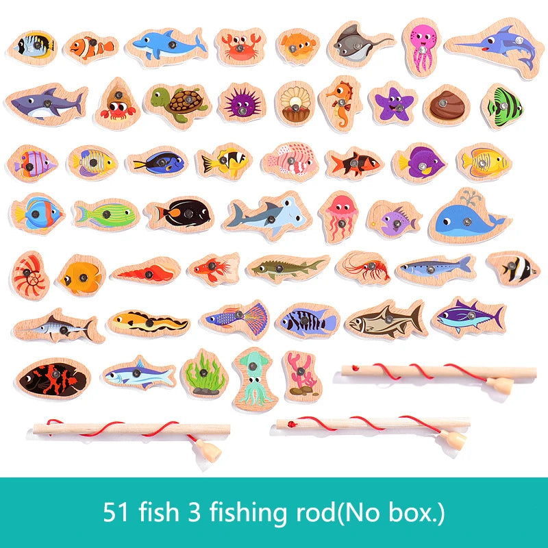 Juego de Pesca Magnética de Madera · 51 peces y 3 cañas