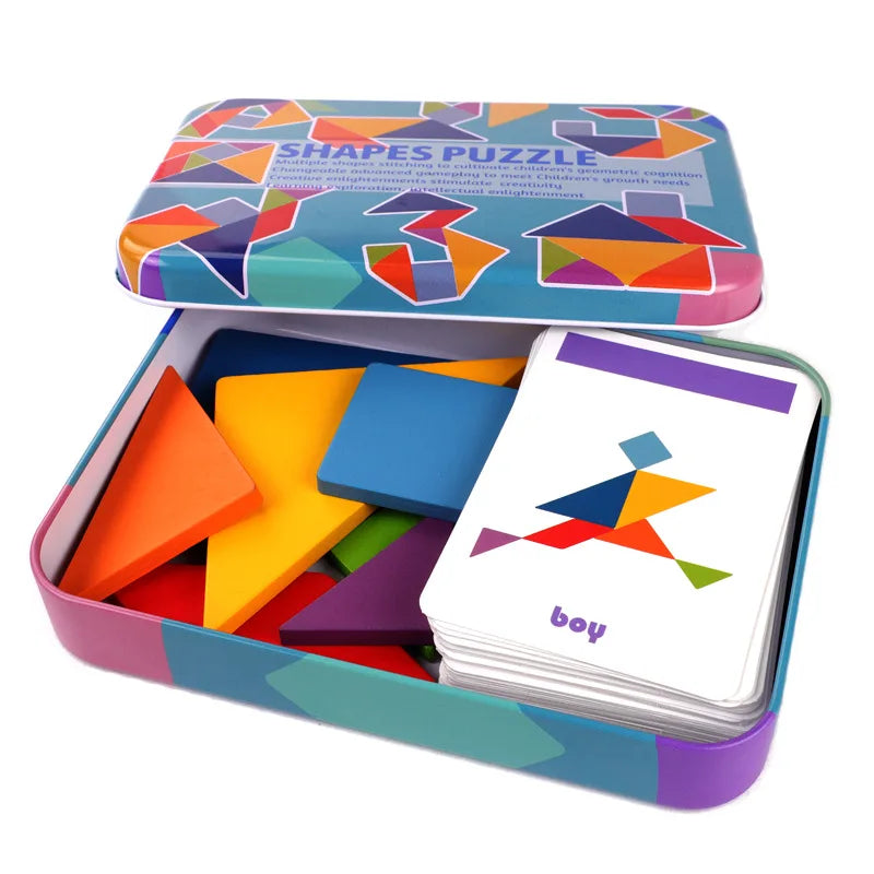Tangram de Madera con Tarjetas · Caja metálica