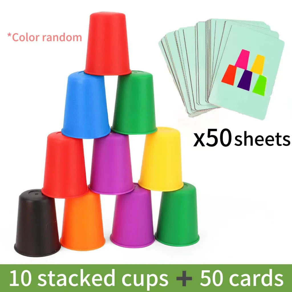 Torre de vasos de colores y 50 tarjetas