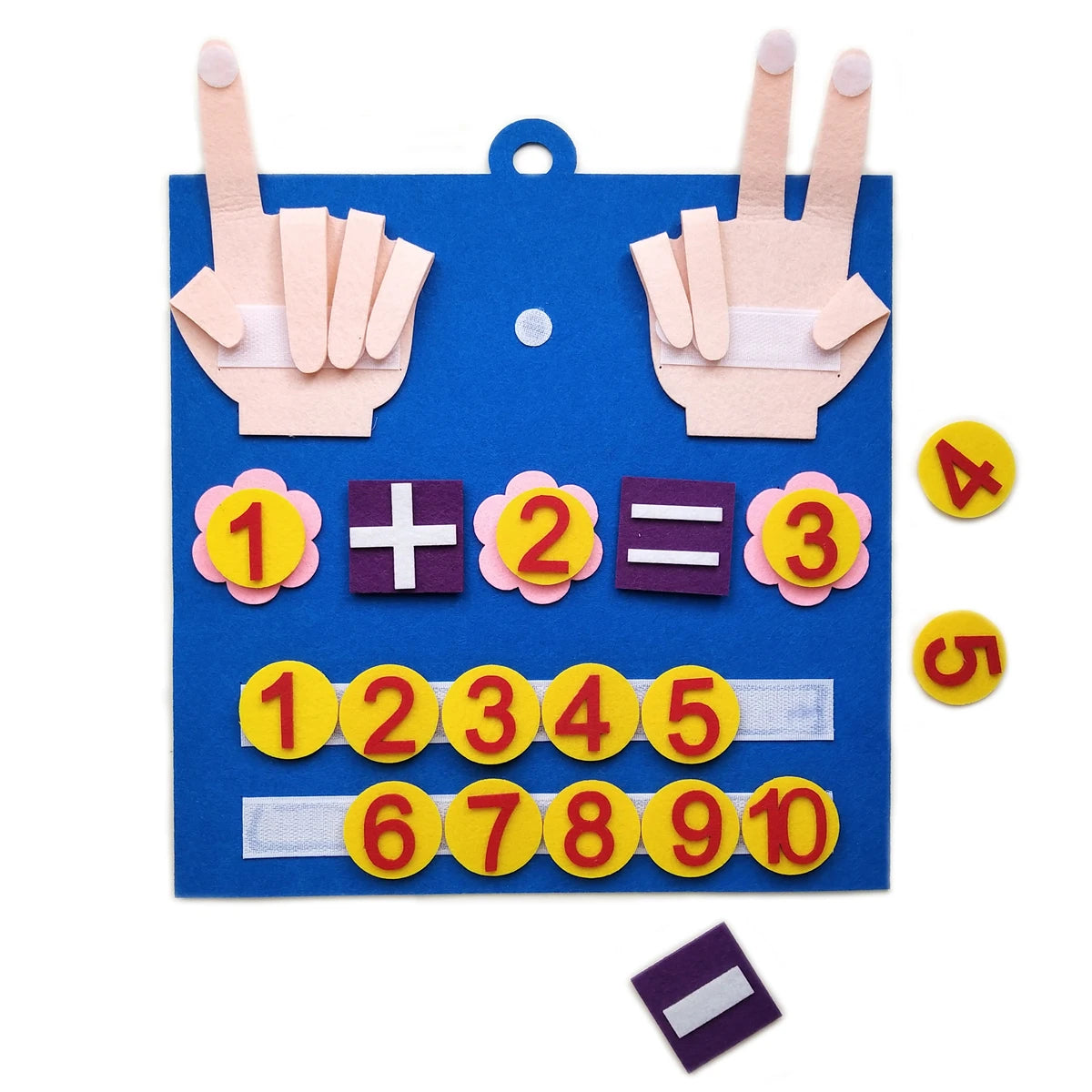Suma 1 + 2 = 3 en el tablero de fieltro
