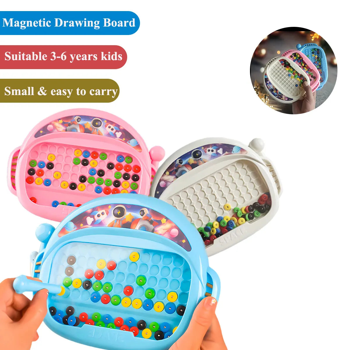 Pizarras magnéticas con bolitas en rosa, azul y beige