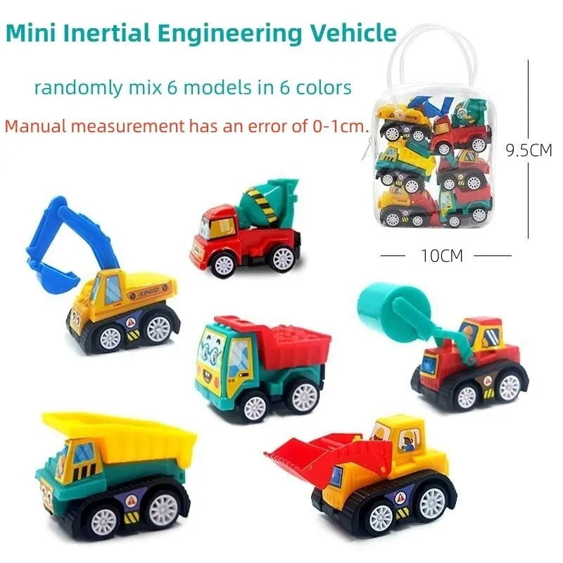 Seis modelos de vehículos de obra y la bolsa de 10 por 9,5 cm
