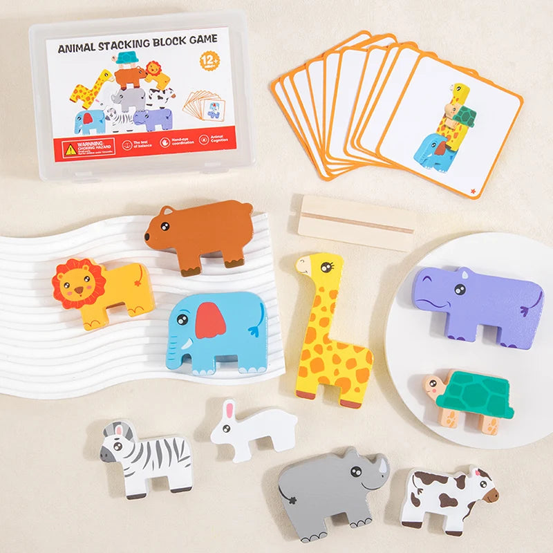 Animales de madera y tarjetas de retos