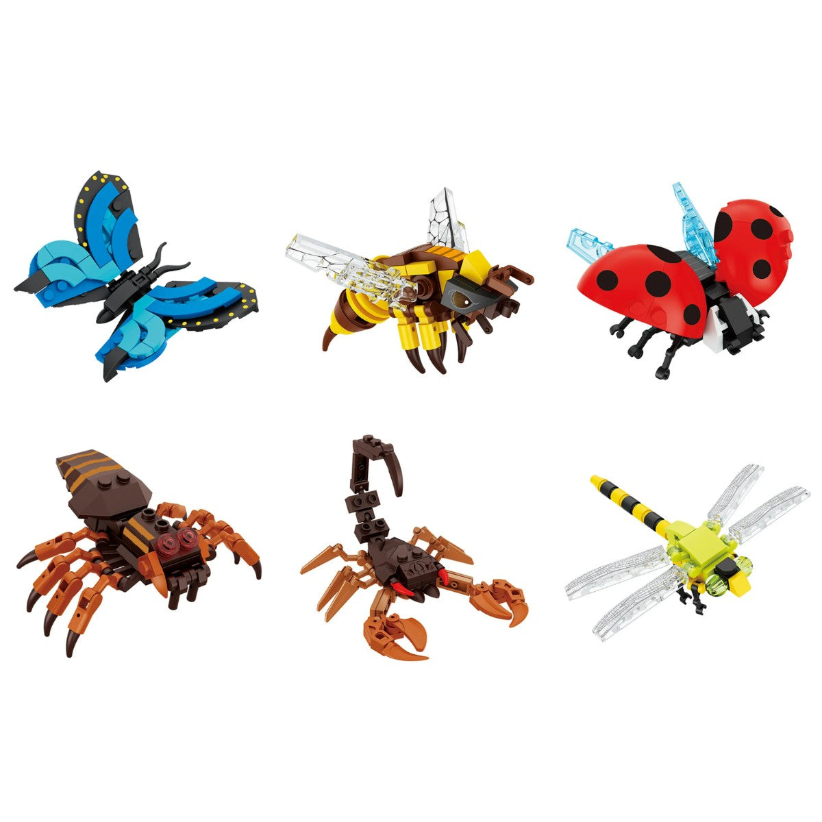 Los 6 bichos de bloques montados, mariposa, abeja, mariquita, araña, escorpión y libélula