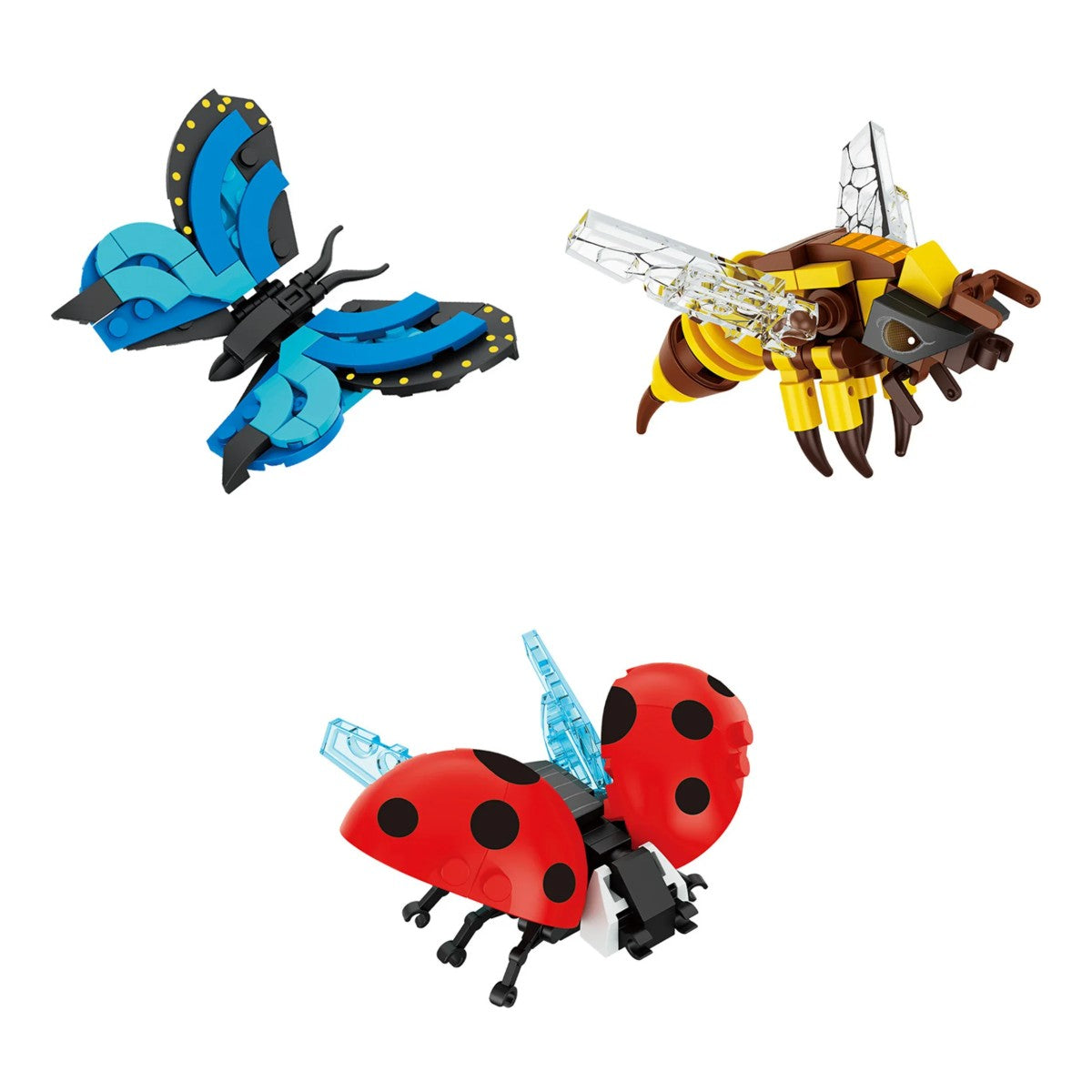 Pack Jardín, con mariposa, abeja y mariquita de bloques montadas