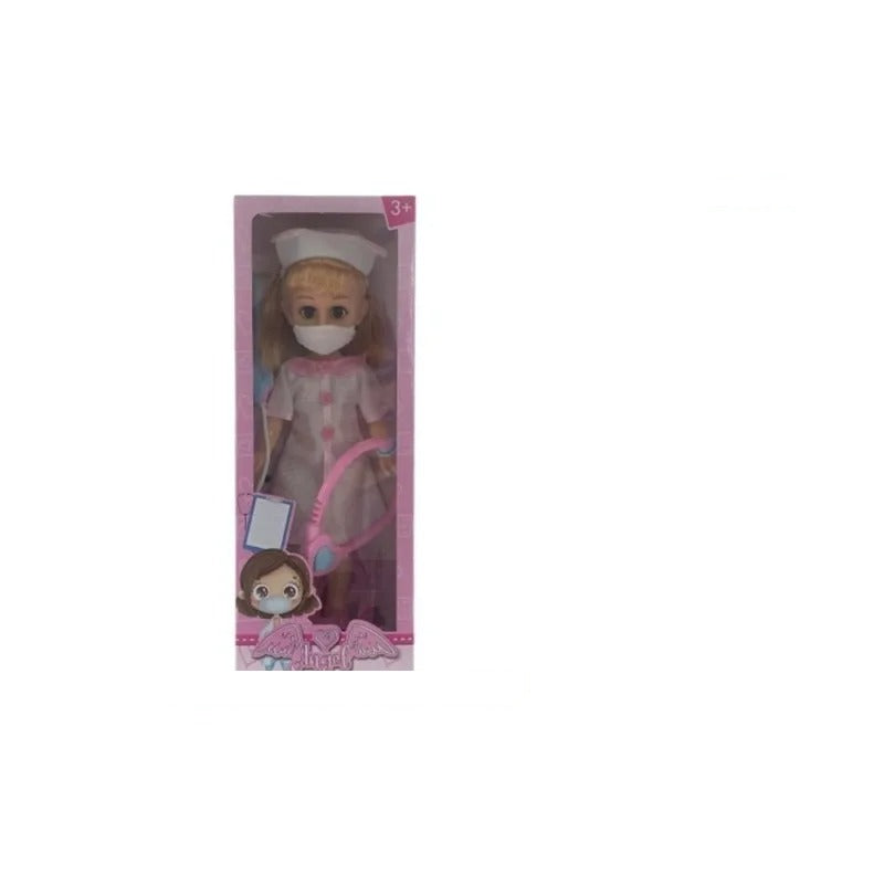 Muñeca enfermera con uniforme rosa, mascarilla y estetoscopio en su caja de 43 cm